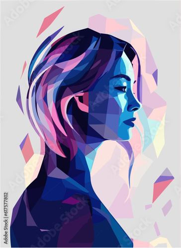 Beautiful woman isolated vector illustration. Low poly graphics style. Poster in blue tones.