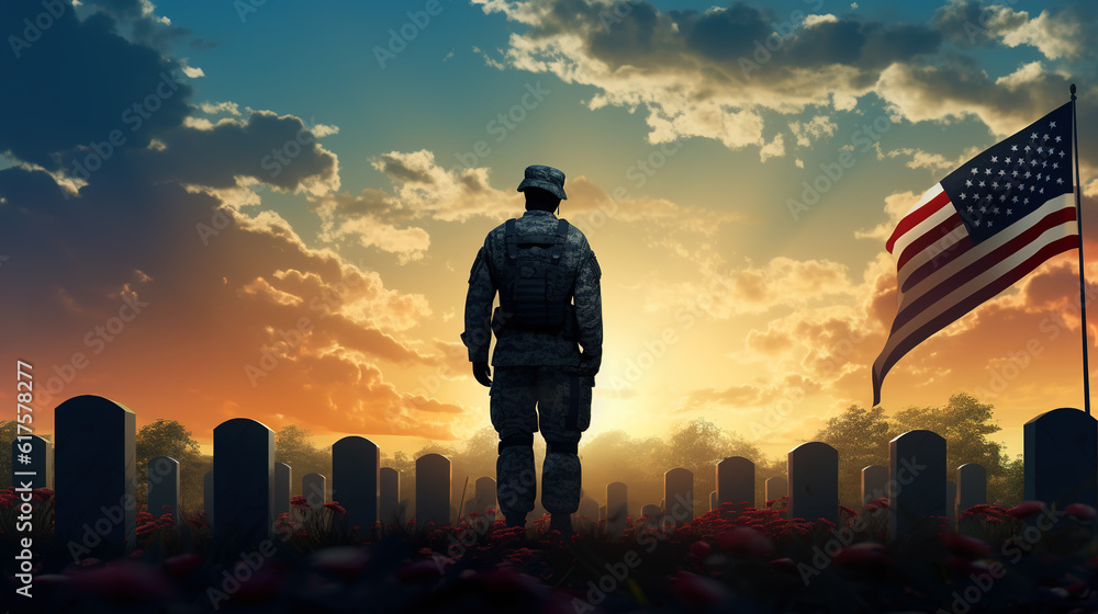 soldier in uniform honoring fallen soldiers at graveyard, 4th july, Memorial Day, Labour Day, american flag, sunrise or sunset, independence day, happy veteran day celebration concept , generative ai