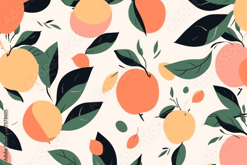 peach fruit and leaves pattern, in the style of anime aesthetic, clean and simple designs. Generative ai
 photo