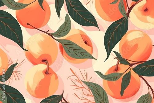 peach fruit and leaves pattern, in the style of anime aesthetic, clean and simple designs. Generative ai
 photo