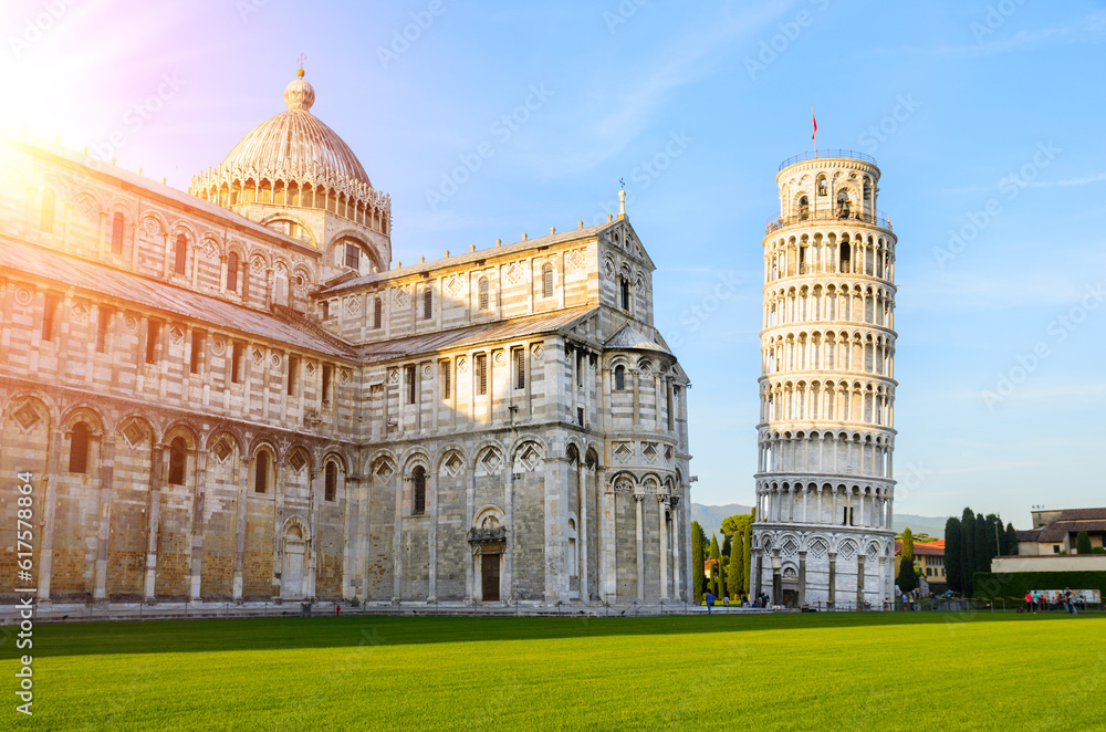 Sunset view of Leaning Tower of Pisa and Cathedral, Tuscany, Italy