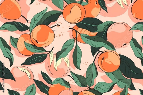 peach fruit and leaves pattern, in the style of anime aesthetic, clean and simple designs. Generative ai
 photo