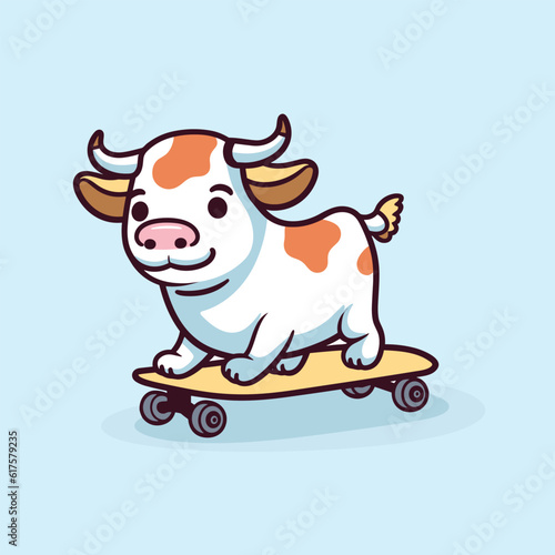 cute cow playing skateboard summer sport vector illustration