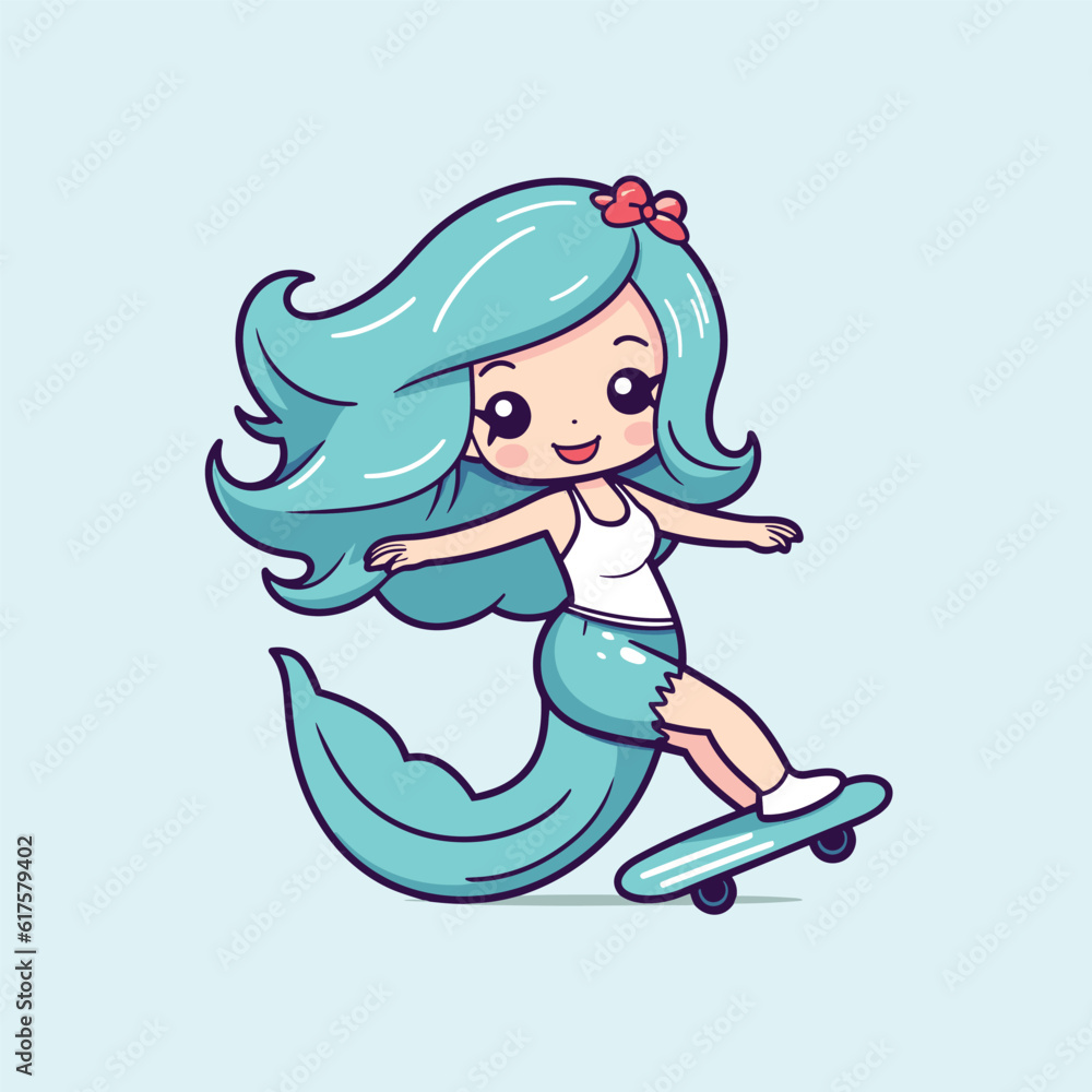 cute mermaid playing skateboard summer sport vector illustration cute mermaid playing skateboard summer sport vector illustration