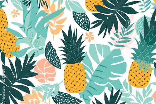 pineapple and leaves pattern, in the style of anime aesthetic, clean and simple designs. Generative ai