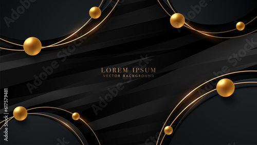 Abstract circle black shape with golden ring and 3d gold ball decoration on dark background. Vector illustration