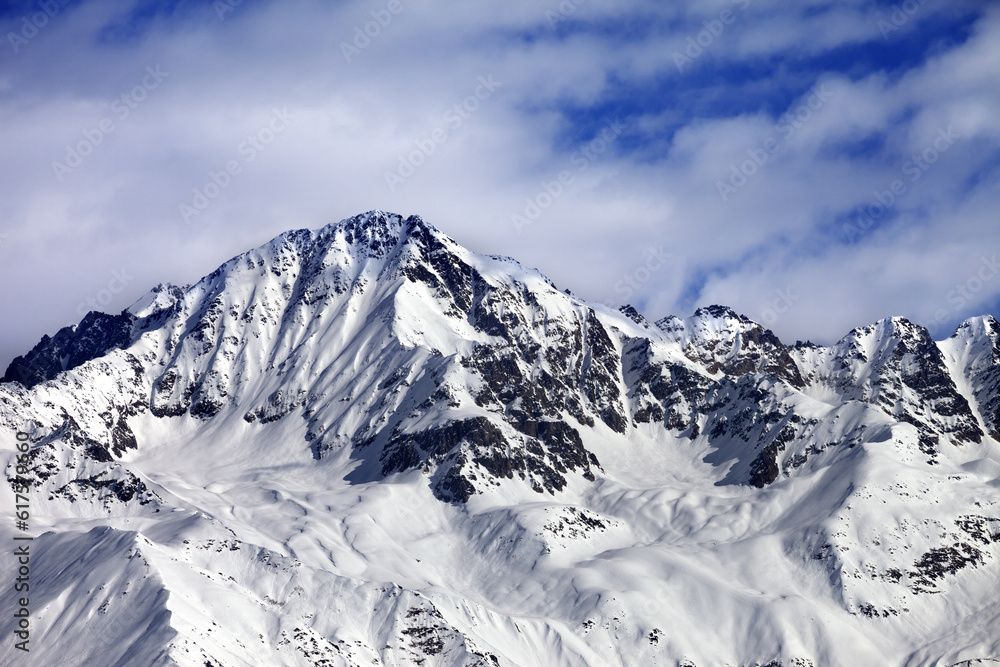 Winter snow mountains at nice sun day. View from ski lift on Hatsvali, Svaneti region of Georgia. Caucasus Mountains.