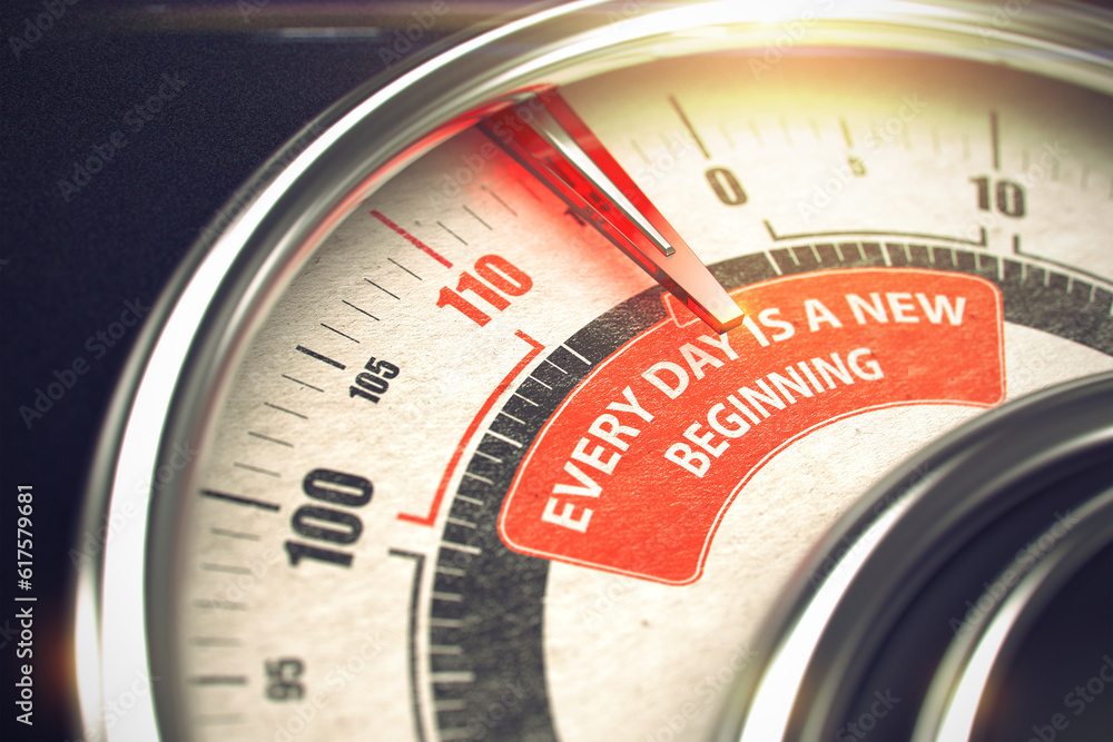 3D of a Scale with Red Needle Pointing the Message Every Day Is A New Beginning. Business Concept. 3D Render. 3D of a Scale with Red Needle Pointing the Message Every Day Is A New Beginning. Business Concept. 3D Render.