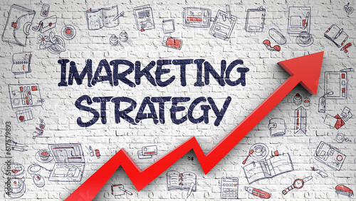 Imarketing Strategy Inscription on the Modern Illustation. with Red Arrow and Doodle Icons Around. Imarketing Strategy Drawn on Brick Wall. Illustration with Hand Drawn Icons. 3d. photo