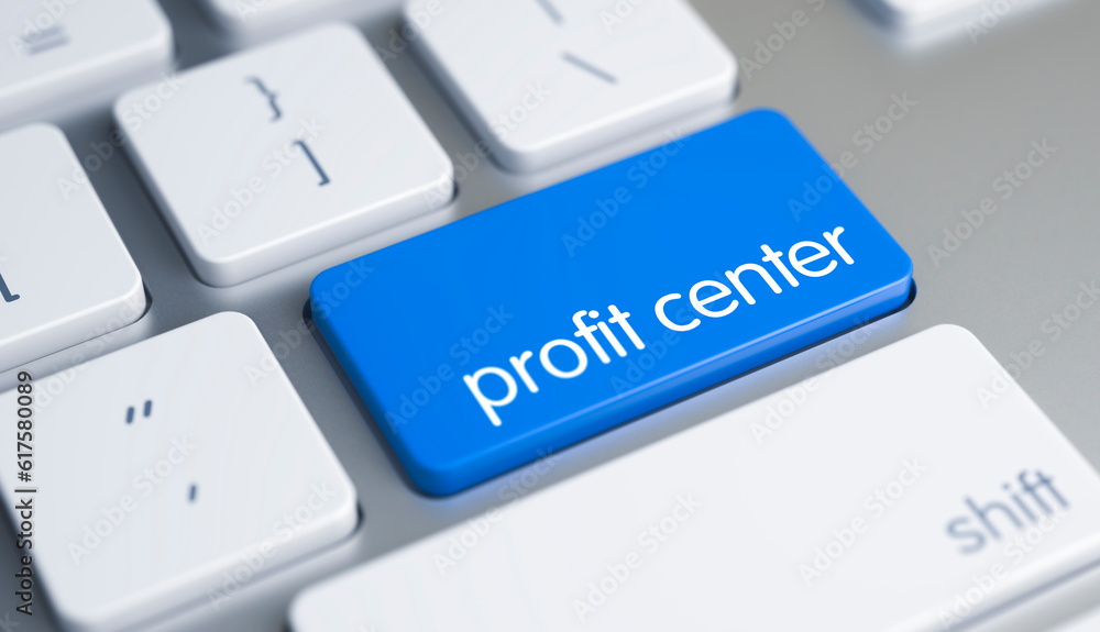 Close View View on Modern Computer Keyboard - Profit Center Blue Keypad. White Keyboard Key Showing the Text Profit Center. Message on Blue Keyboard Button. 3D Render. Close View View on Modern Computer Keyboard - Profit Center Blue Keypad. White Keyboard Key Showing the Text Profit Center. Message on Blue Keyboard Button. 3D Render.