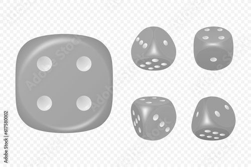 Vector 3d Realistic Grey Game Dice with White Dots Set in Different Positions Isolated. Gambling Games Design, Casino, Poker, Tabletop, Board Games. Realistic Cubes with Random Numbers, Rounded Edges