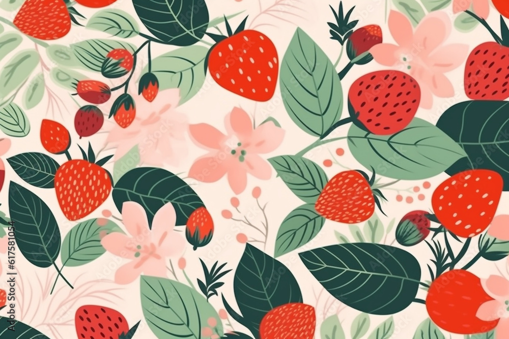 Strawberry and leaves pattern, in the style of anime aesthetic, clean and simple designs. Generative ai Strawberry and leaves pattern, in the style of anime aesthetic, clean and simple designs. Generative ai