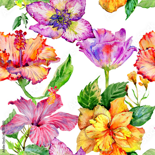 Wildflower hibiscus flower pattern  in a watercolor style isolated. Aquarelle wild flower for background  texture  wrapper pattern  frame or border.