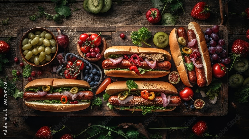 close up hotdog with full ingredients and mayonnaise on wood plate and blurred background