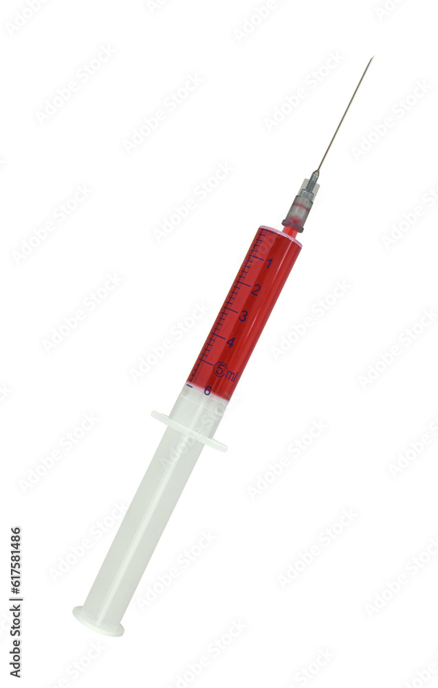 Fototapeta premium Disposable syringe with 6 ml of red liquid on white background