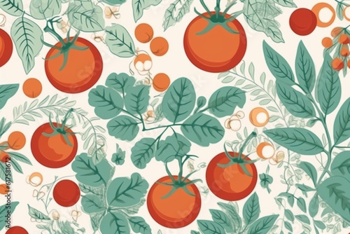 tomato and leaves pattern, in the style of anime aesthetic, clean and simple designs. Generative ai