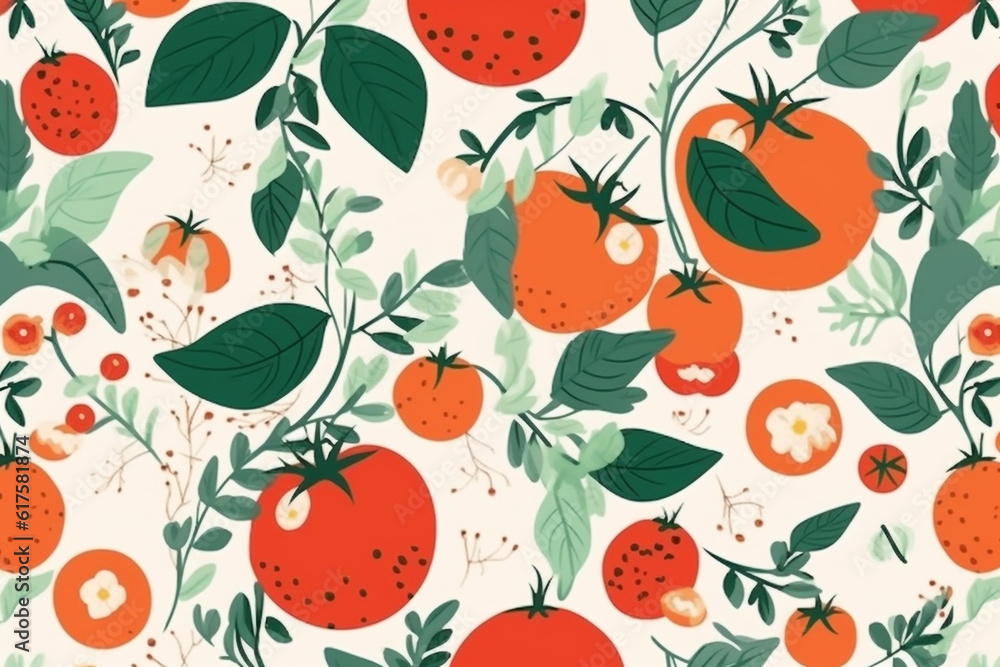 tomato and leaves pattern, in the style of anime aesthetic, clean and simple designs. Generative ai