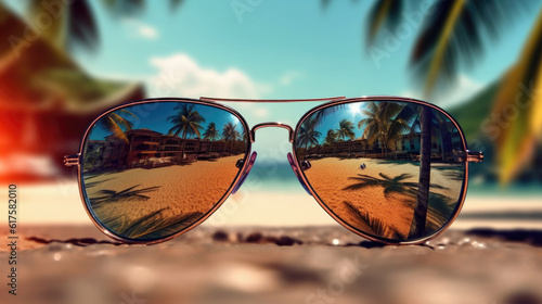 Close-up of sunglasses on the beach