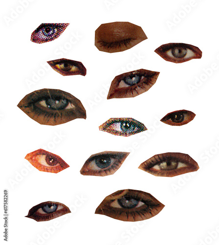 Cutout vintage magazine women eyes, collection of different designs from vintage 90's magazine, png isolated on transparent background