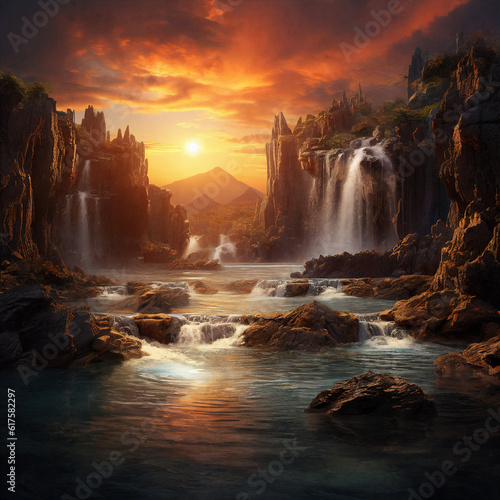 Fantasy landscape with waterfalls, sunset. Generative AI