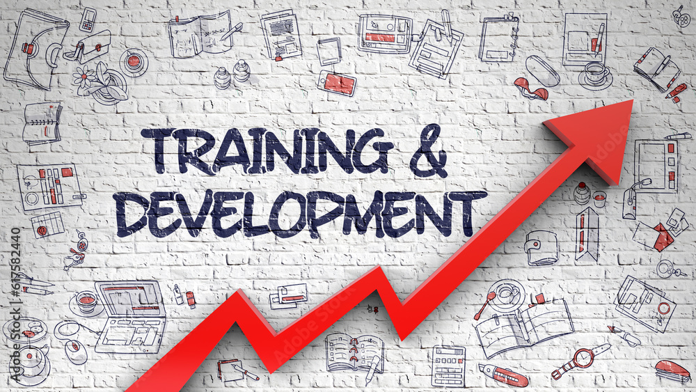 White Wall with Training And Development Inscription and Red Arrow. Success Concept. Training And Development Inscription on Modern Illustation. with Red Arrow and Doodle Icons Around. 3D. White Wall with Training And Development Inscription and Red Arrow. Success Concept. Training And Development Inscription on Modern Illustation. with Red Arrow and Doodle Icons Around. 3D.