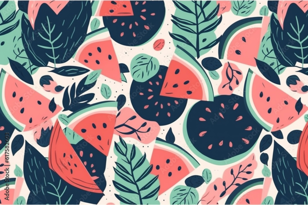 watermelon and leaves pattern, in the style of anime aesthetic, clean and simple designs. Generative ai watermelon and leaves pattern, in the style of anime aesthetic, clean and simple designs. Generative ai