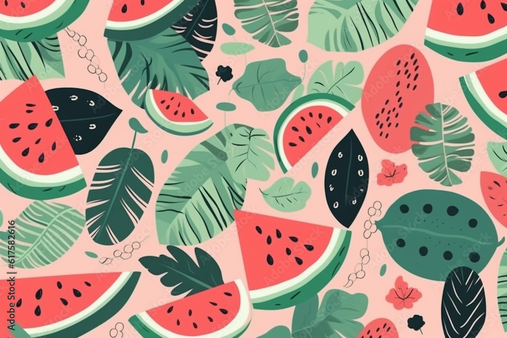 watermelon and leaves pattern, in the style of anime aesthetic, clean and simple designs. Generative ai watermelon and leaves pattern, in the style of anime aesthetic, clean and simple designs. Generative ai