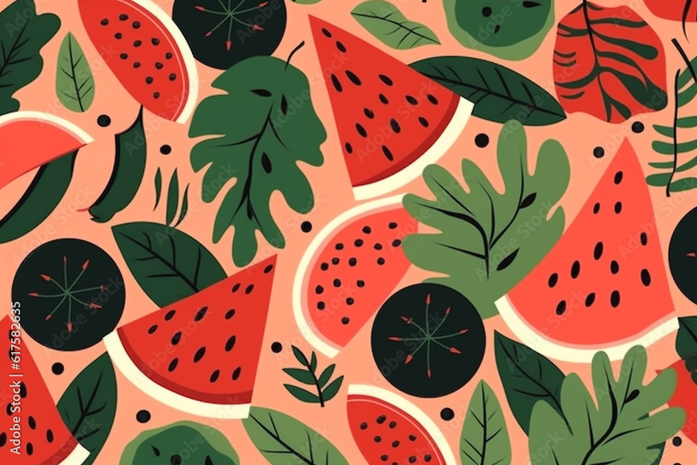 watermelon and leaves pattern, in the style of anime aesthetic, clean and simple designs. Generative ai watermelon and leaves pattern, in the style of anime aesthetic, clean and simple designs. Generative ai