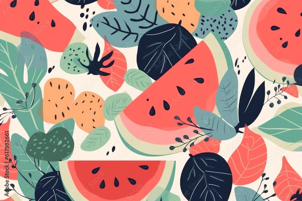 watermelon and leaves pattern, in the style of anime aesthetic, clean and simple designs. Generative ai watermelon and leaves pattern, in the style of anime aesthetic, clean and simple designs. Generative ai