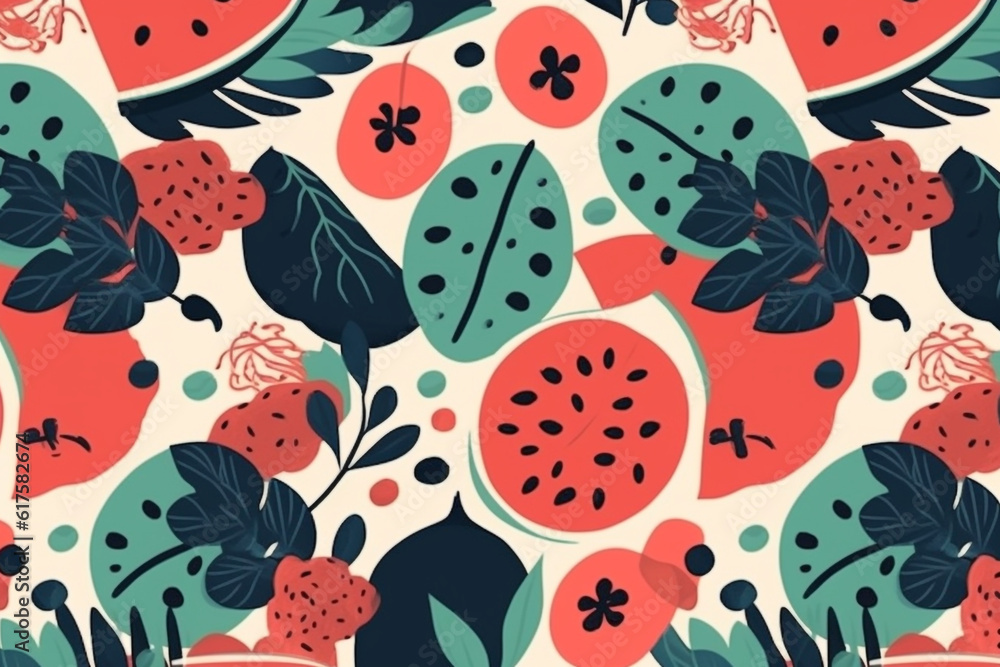 watermelon and leaves pattern, in the style of anime aesthetic, clean and simple designs. Generative ai watermelon and leaves pattern, in the style of anime aesthetic, clean and simple designs. Generative ai