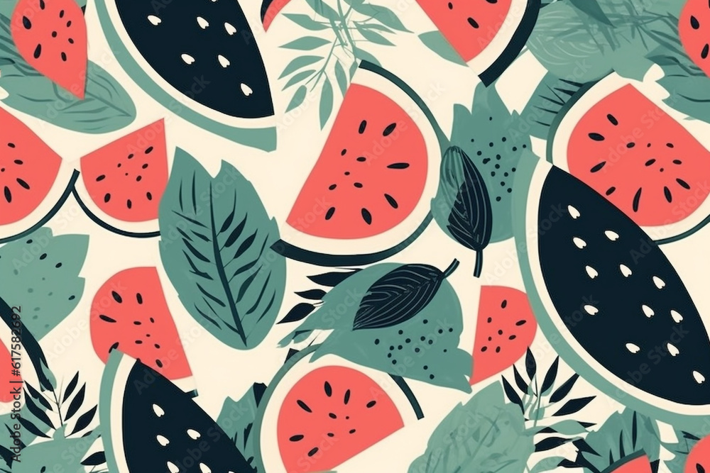 watermelon and leaves pattern, in the style of anime aesthetic, clean and simple designs. Generative ai watermelon and leaves pattern, in the style of anime aesthetic, clean and simple designs. Generative ai
