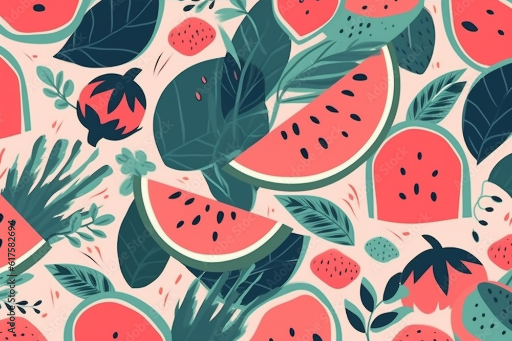 watermelon and leaves pattern, in the style of anime aesthetic, clean and simple designs. Generative ai watermelon and leaves pattern, in the style of anime aesthetic, clean and simple designs. Generative ai