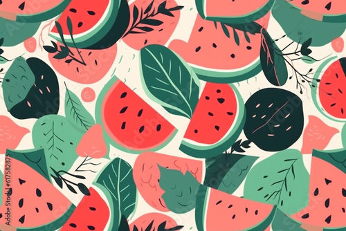 watermelon and leaves pattern, in the style of anime aesthetic, clean and simple designs. Generative ai