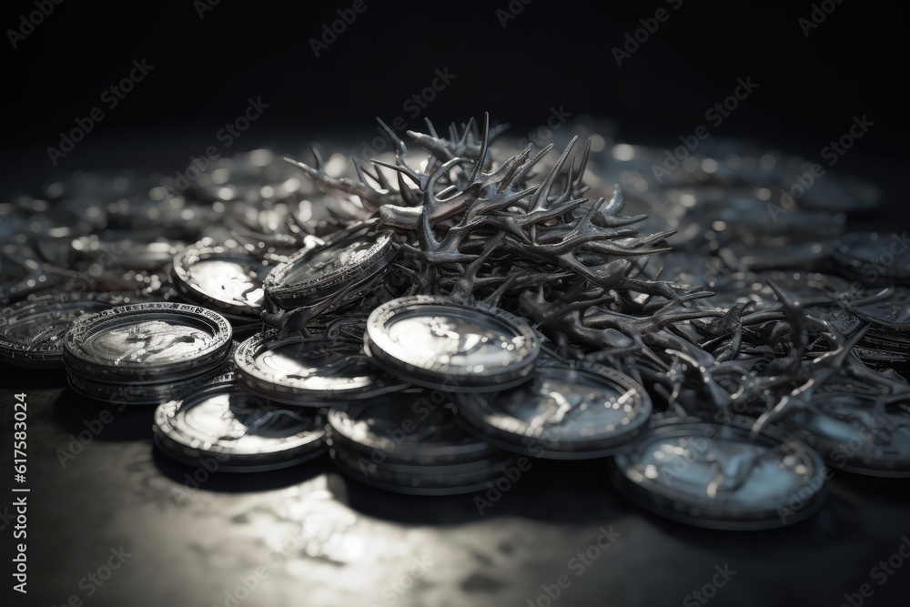 Judas 30 pieces of silver, sack thirty coins biblical symbol betrayal, religion, Bible A crown of thorns with thorns, a noose gallows ,creative reproduction of history Jesus Christ God Judas 30 pieces of silver, sack thirty coins biblical symbol betrayal, religion, Bible A crown of thorns with thorns, a noose gallows ,creative reproduction of history Jesus Christ God