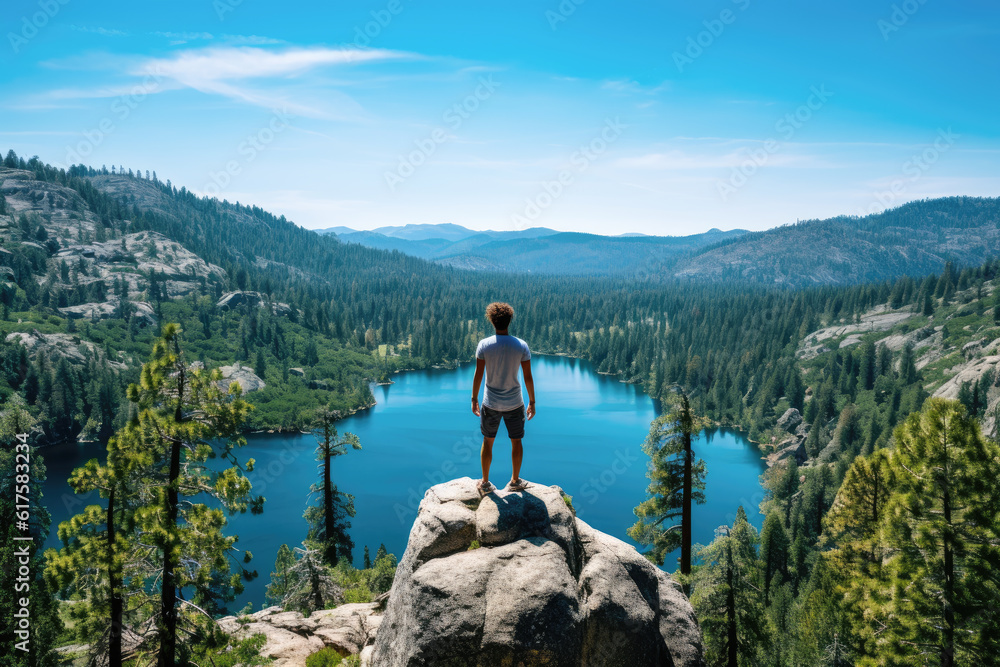 Man is standing on top of a rock overlooking a lake Man is standing on top of a rock overlooking a lake