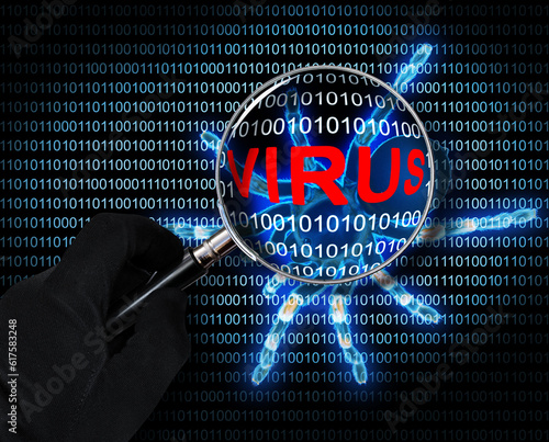 Obraz na plátně Virus in binary code and the silhouette of the spider in the magnifying glass on
