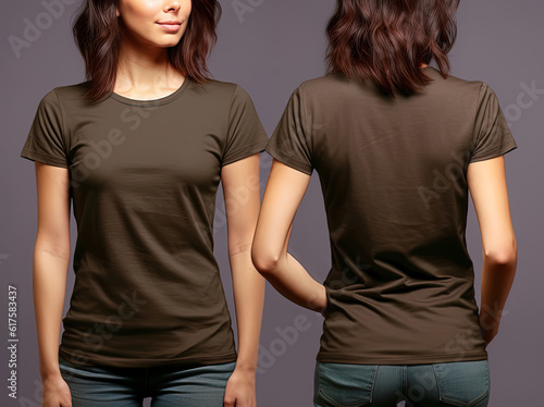 Photo realistic female brown t-shirts with copy space, front, and back view