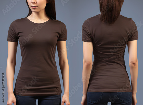 Photo realistic female brown t-shirts with copy space, front, and back view