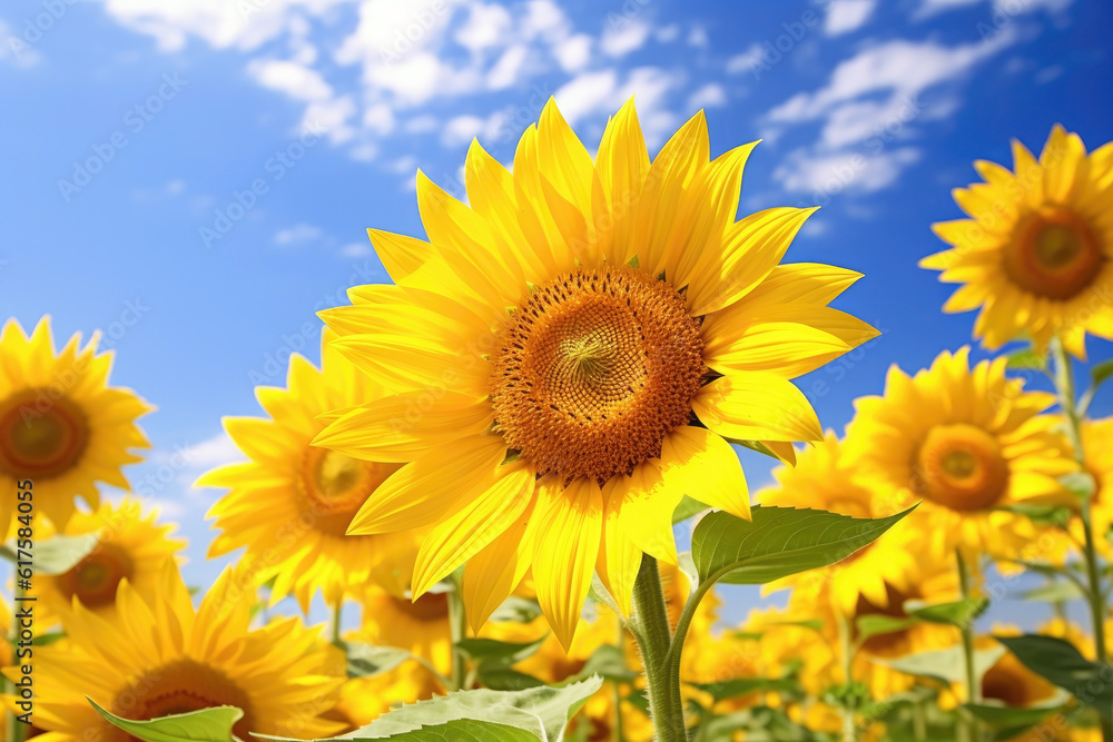sunflower blooming and blue sky background, Generative Ai