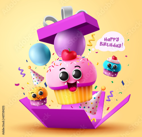 Birthday cupcake gift vector concept. Happy birthday text with cup cake character and colorful party elements. Vector illustration for surprise gift design.