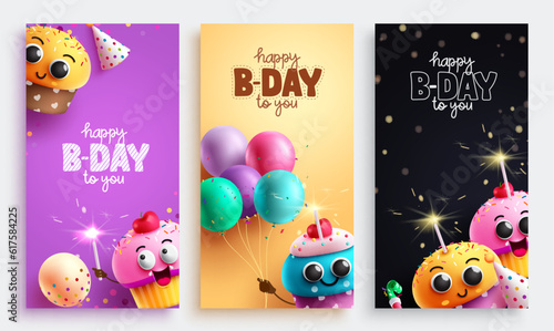 Happy birthday vector poster set design. Birthday greeting text with colorful cup cake characters party event elements. Vector illustration invitation card lay out collection.