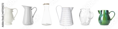 Collage of stylish jugs on white background photo