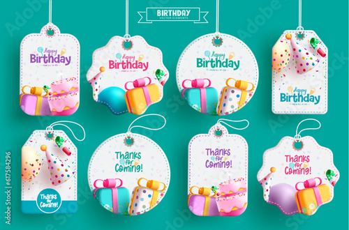 Birthday elements vector set design. Happy birthday greeting text in colorful cards and tags for holiday events celebration. Vector illustration gifts tags collection. 