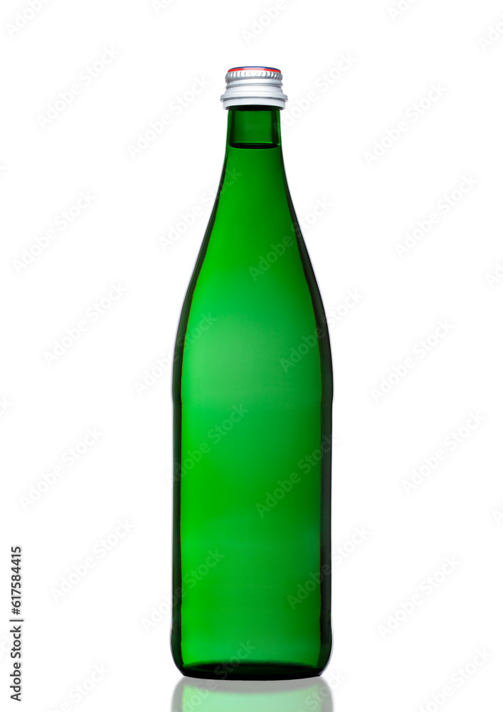 Green bottle of sparkling mineral water on white background Green bottle of sparkling mineral water on white background