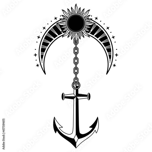 monochrome celestial moon and sun with anchor illustration
