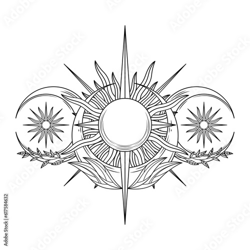 monochrome celestial moon and sun with ornaments illustration