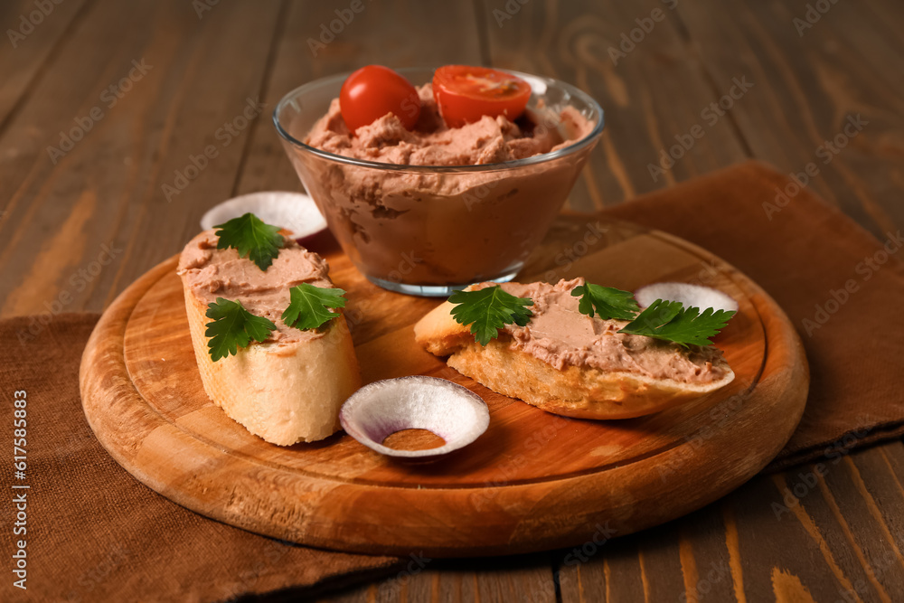Board with bowl of delicious pate and sandwiches on wooden background, closeup Board with bowl of delicious pate and sandwiches on wooden background, closeup
