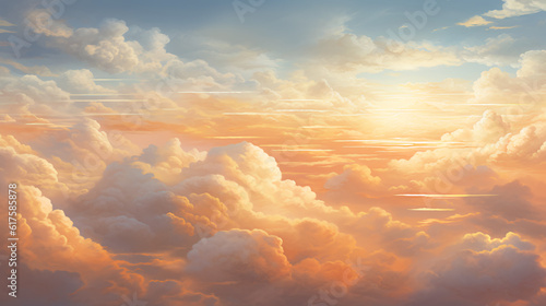 A panoramic view of the sky during golden hour with a warm soft glow casting a magical ambiance over the cloudscape