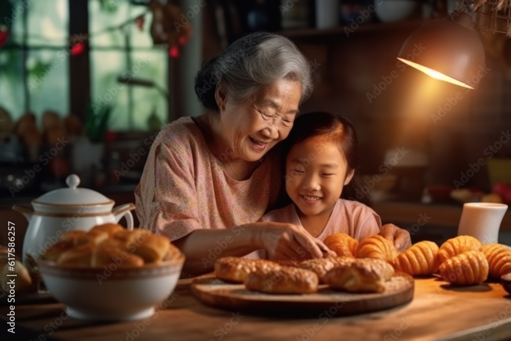 cute asian family Little daughter looks at her old mother cooking in the kitchen. Pretty woman enjoying her free time and hugging her elderly mother baking croissants on the table in the house.