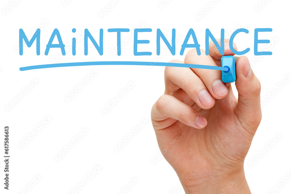 Hand writing Maintenance with blue marker on transparent glass board. Hand writing Maintenance with blue marker on transparent glass board.
